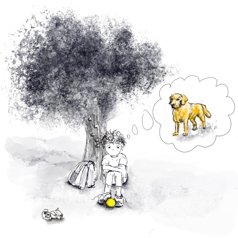 Illustration from Boy Wants Dog: a boy under a tree dreaming of a golden dog